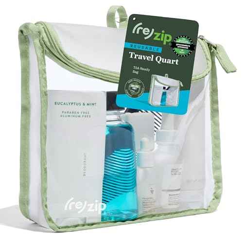 ReZip TSA Approved Travel Toiletry Bag with Hanging Loop, Travel Quart Bag? Reusable Clear Makeup bags with zipper, Clear Pouch for Travel Essentials, Cosmetic | BPA-Free, Machine Washable - Sage