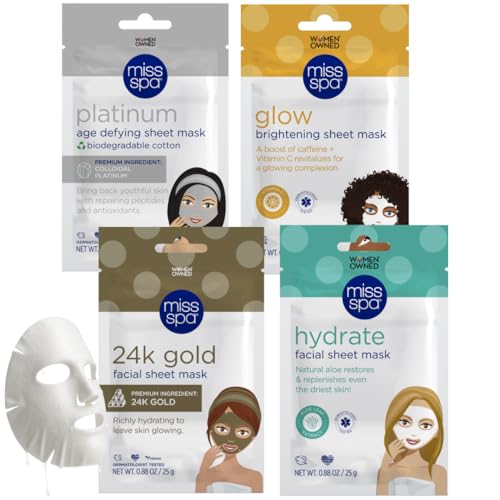 MISS SPA Face Mask Skin Care, Facial Sheet Mask for Women, Hydrating Moisturizing Skin Care Products, Anti-aging Face Mask, Dermatologsit Tested, 4 Pack (Hydrate, 24K Gold, Glow, Platinum Sheet Mask)