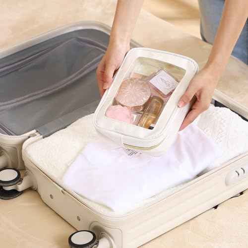 Abbylike 3 Pcs Clear Makeup Bags with Zipper Toiletry Bags for Car Essentials Nylon Cosmetic Pouches PVC Transparent Storage Pouch Travel Portable Organizer for Christmas Women Gift(Cream White,Small)