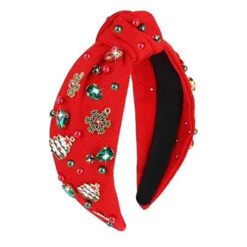 CAVETEE Christmas Headband for Women, Red Knotted Headband with Rhinestone Tree Snowflake Pearl Christmas Decorations for Women