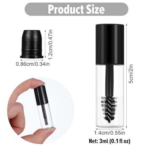 27Pcs Empty Mascara Tubes with Wand, 3ml Mini Empty Mascara Bottles with Brush Rubber Inserts Sample Size Travel Containers Eyelash Growth Packing with Leak-Proof Rubber Plugs Black