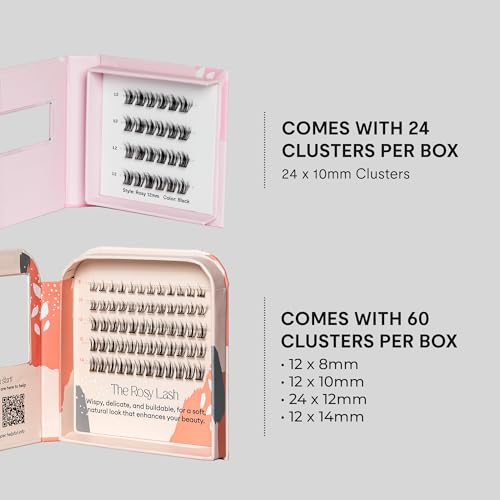 Silly George PopOn Lash 84 Cluster Pre-Glued Featherlight Bionic Silk 5 to 10 Day Wear Press-On Lash Bundle with 60 Pack MultiLength Plus 24 Pack Single Size Black Rosy 12mm