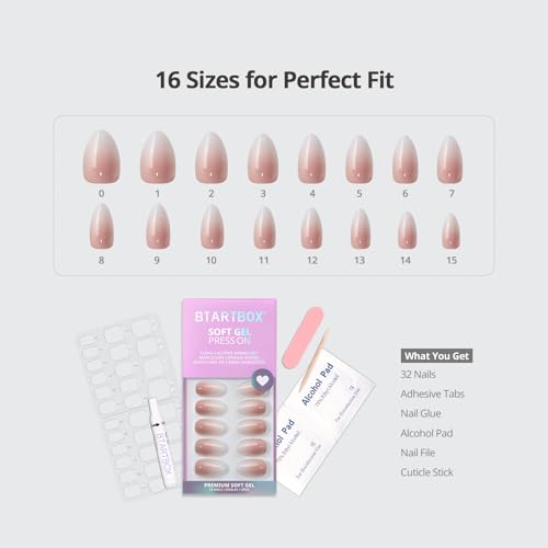BTArtbox Short Almond Pink Press On Nails - Vanilla Cream 32Pcs Full Kit