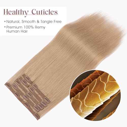 Elailite Clip in Hair Extensions Real Human Hair, Remy Hairpieces for Women, 7PCS Lace Weft Full Head, 12 Inch 90g Dark Blonde
