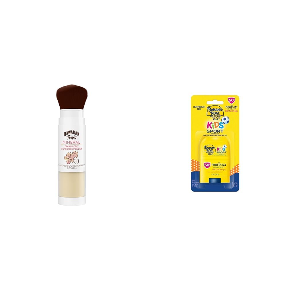 Hawaiian Tropic Mineral Powder Sunscreen Brush SPF 30 & Banana Boat Kids Sport Sunscreen Stick SPF 50 Travel Bundle, 0.15oz & 0.5oz