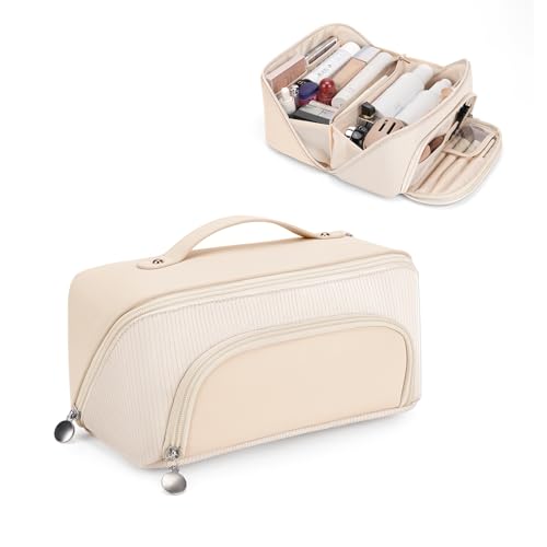 Lotour Makeup Bag Organizer Travel Cosmetic Bag, Large Capacity Skincare Bag for Women Girls, Portable Pouch Open Flat Toiletry Bag for Travel Essentials Toiletries Accessories