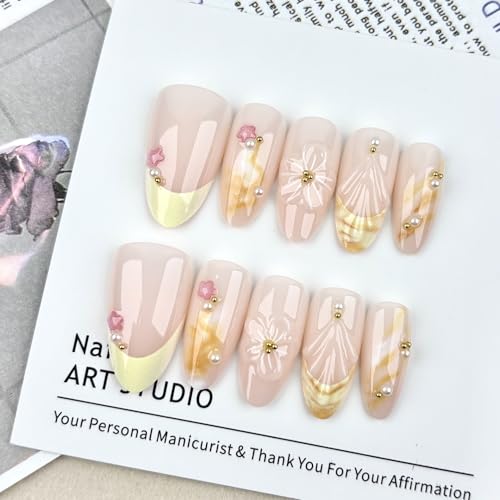 Medium Almond French Tip Press On Nails with 3D Flower & Pearl Design - Gold Beads Fake Nail Kit for Women