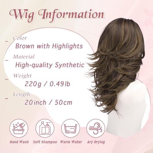 Haloo Brown Layered Wigs with Curtain Bangs & Highlights - 20 Inch Synthetic Hair for Women