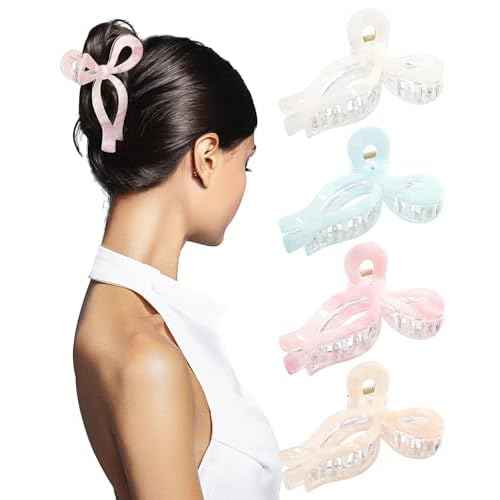 4 PCS Acrylic Bow Hair Clips for Women Bow Cute Claw Clip 4.3" Large Hair Claw Clips for Thick or Long Hair Bows Jaw Clip