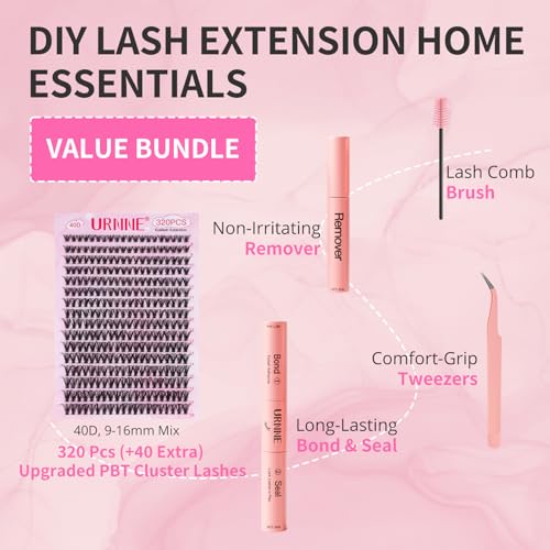 Lash Extension Kit, 320Pcs Lash Clusters, 40D Lash Clusters Kit, 9-16 mm Individual Cluster Eyelash Extensions with Lash Bond and Seal, Remover, Lash Tweezer DIY Lash Extensions at Home