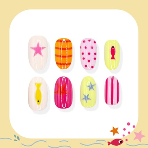 24 Pcs Summer Press On Nails - Striped Ocean Fish Design