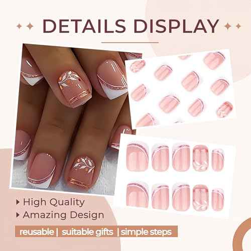 24Pcs Short Press on Nails French Tip Square Fake Nails with Rose Gold Glitter French White Leaf Design Pink Acrylic Nails Cute False Nails Artificial Nails Reusable Stick on Nails for Coquette Women