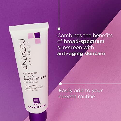 Andalou Naturals DIY Booster SPF 30 Facial Serum Unscented, Anti Aging Face Sunscreen with Broad Spectrum Protection, Moisturizing for Dry to Very Dry Skin, 2 Fl Oz