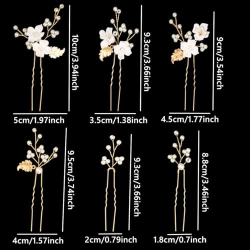 Gold Pearl & Flower Bridal Hair Pins - 6-Piece Wedding Hairpiece Set