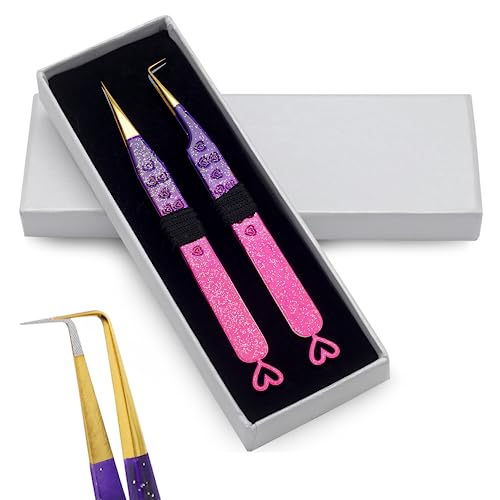 Precision Eyelash Extension Tweezers,Straight And 90-Degree, with Fiber Tip, Volume & Isolation Tweezers, Japanese Stainless Steel, Unique Heart Design (Multi-Color)
