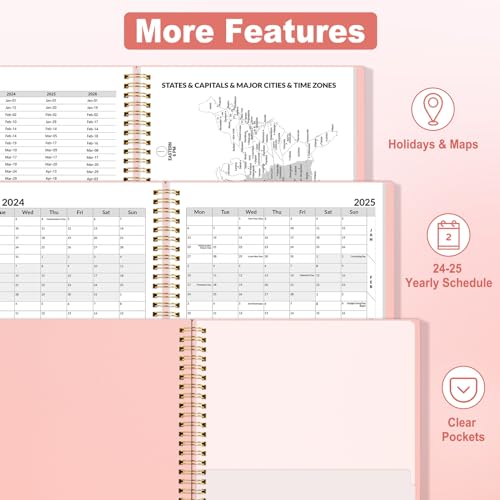 SUNEE Academic Planner 2024-2025 Weekly and Monthly - from August 2024 - December 2025, 6.4"x8.3" School Year Calendar Daily Planner with Monthly Tab, Flexible Cover, Note Pages, Pockets, Bookmark, Spiral Binding, Pink