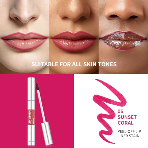 TENGLONG Sunset Coral Peel Off Lip Stain & Lip Liner - Long Lasting Waterproof Lip Makeup