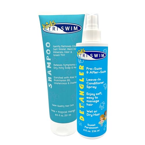 TRISWIM Swim Care Bundle | Chlorine Removal Shampoo 8.5 oz + Kids Detangler Leave-In Conditioner Spray 8 oz | Removes Chlorine & Saltwater | Detangles & Softens Hair | Pre & Post Swim Hair Care