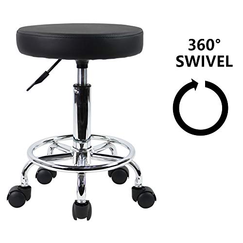 KKTONER PU Leather Rolling Stool with Foot Rest - Black