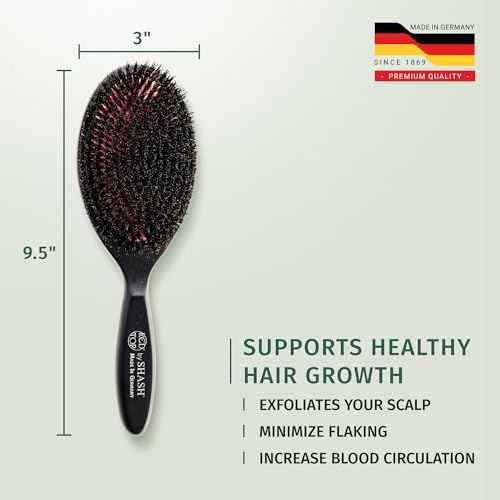 SHASH 100% First Cut Boar Bristle Hair Brush, Suitable For Thin To Normal Hair - Naturally Conditions Hair, Improves Texture, Exfoliates, Stimulates, Made in Germany (Black, Large)