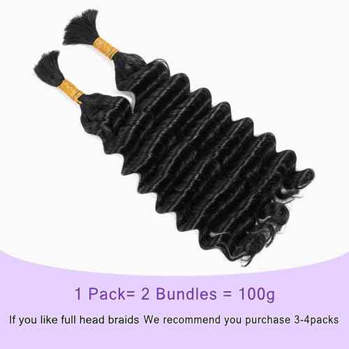 Deep Wave Bulk Human Hair for Boho Braids 100% Unprocessed Brazilian Virgin Human Hair Bulk 2 Bundles Micro Braiding 100g No Weft 26 inch