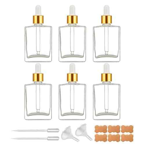 6 Pack 1.7oz Clear Square Glass Dropper Bottles, 50ml Empty Square Perfumes Bottles with Eye Droppers, for Essential Oils,Liquids, Tincture Bottle (Clear -Golden Cap)