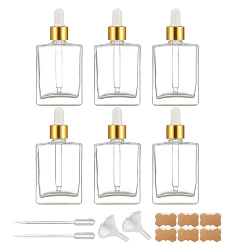 6 Pack 50ml Clear Square Glass Dropper Bottles with Golden Caps