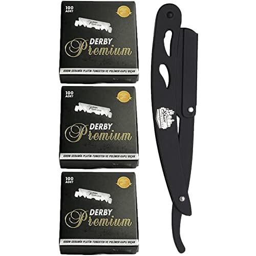 the shave factory Straight Edge Razor Kit - with Single Stainless Steel razors for men from (Black / 300 Derby Blades)