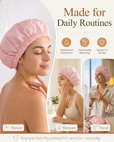 Edoneery Reusable Waterproof Shower Cap for Women - Pink, Large Fit
