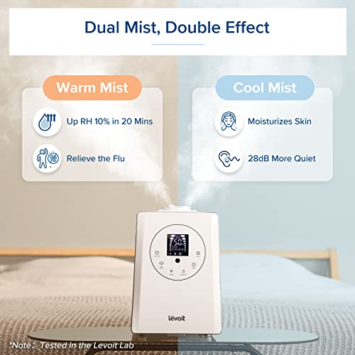 LEVOIT Humidifiers for Bedroom Large Room Home, 6L Warm and Cool Mist Ultrasonic Air Vaporizer for Plants and Whole House, Built-in Humidity Sensor, Essential Oil Diffuser, Whisper Quiet, Timer, White