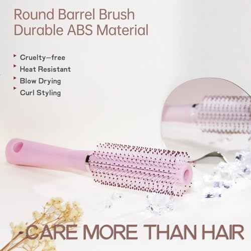 Curly Hair Brush for Women, Barrel Round Hairbrush for Quick Blow Dry Travel Size for On-the-go, Detangler Brush for Hurt-free Detangling on All Hair Vibes, Pink, 1 Pack