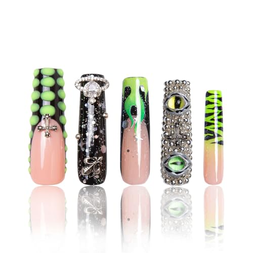 LOVFUL Press on Nails Dare to Roar French Tip | Handmade with Full Covered Crystals | Reusable Full Cover Nails | Square Mid length 1.7 in | H153-L