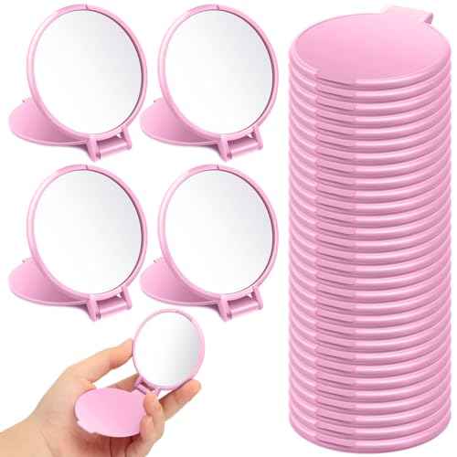 24 Pcs Mini Pink Compact Mirror Bulk for Women Small Round Portable Pink Mirror Makeup Folding Pocket Travel Accessories for Purse Christmas, 2.8 x 2.4 Inch