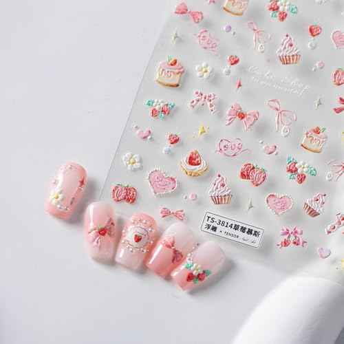 5D Embossed Pink Nail Stickers for Nail Art Cake Strawberry Bow Nail Art Stickers Nail Decals Self Adhesive Cute Nails Design Manicure Supplies Charm for Women Nails Decorations