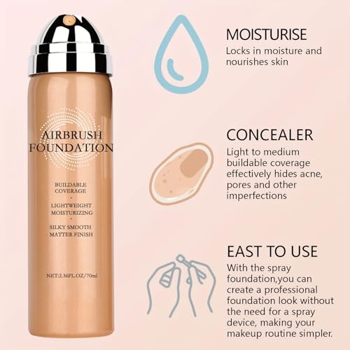 Magic Minerals Airbrush Foundation Spray - Lightweight Buildable Coverage, Hydrating Formula for Smooth Radiant Light Beige, Includes Foundation Brush, Powder Puff & Nose Shadow Brush-01 Natural