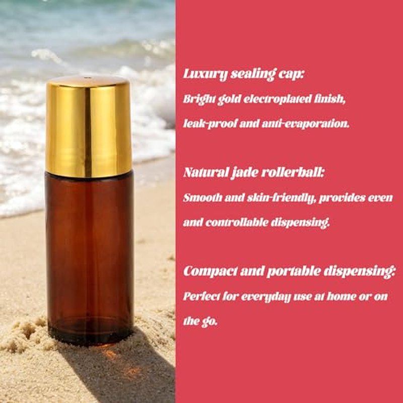 2 Pack 50ml Rose Quartz Essential Oil Roller Bottles - Amber Glass with Gold Cap