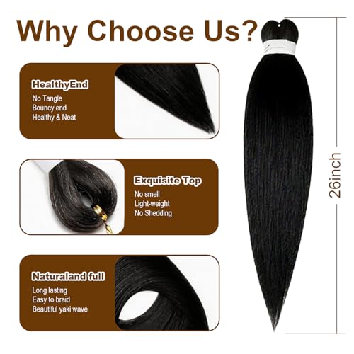 Aizami 6 Packs Pre-Stretched 26in 100g/Pack Yaki Texture Synthetic Braiding Hair Extensions (1B) – Lightweight, Hot Water Setting