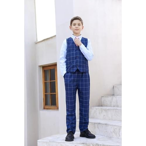 SWOTGdoby Boys Suits 3 Pieces Formal Suit Set Plaid Blazer Vest Pants Slim Fit Suit Jacket for Wedding Party