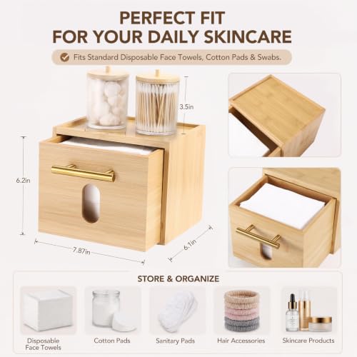 BSSN Bamboo Disposable Face Towel Holder Storage Drawer - Variation A, Includes 60 Towels & Cotton Holders
