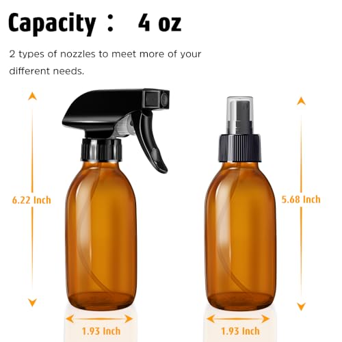 Tecohouse Amber Glass Spray Bottles 4 OZ, 2 Pack - UV Protected, Refillable, Eco-Friendly
