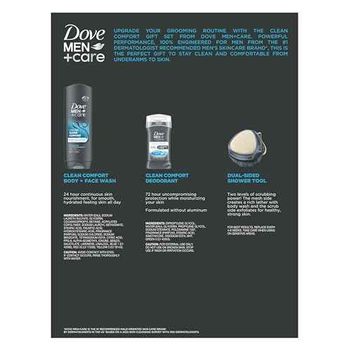 Dove Men+Care Gift Set ? Clean Comfort Body + Face Wash, Clean Comfort Aluminum-Free Deodorant & Dual-Sided Shower Tool (3 Piece Set)