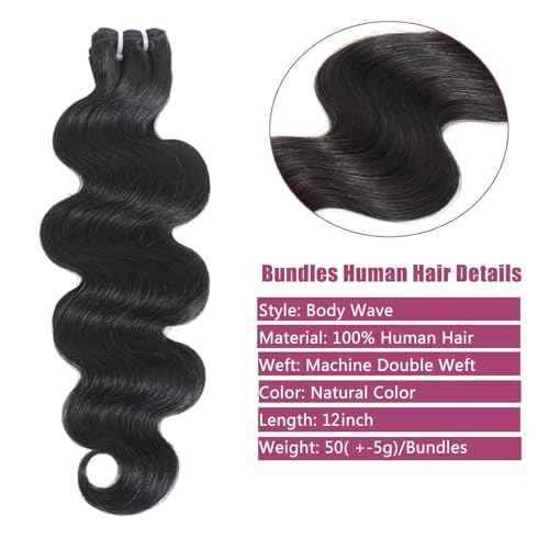 12A Brazilian Virgin Human Hair Body Wave 4 Bundles (12-12-12-12 Inch) ? Unprocessed, Natural Black, Quick Weave for Occasion & Daily Looks