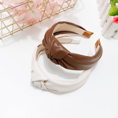 Aprince 2PCS Knotted Headband for Women Leather Headbands for Women Top Knot Cute Headbands for Women Girls Hair Accessories Womens Headbands Fashion (Beige Cream,Brown)