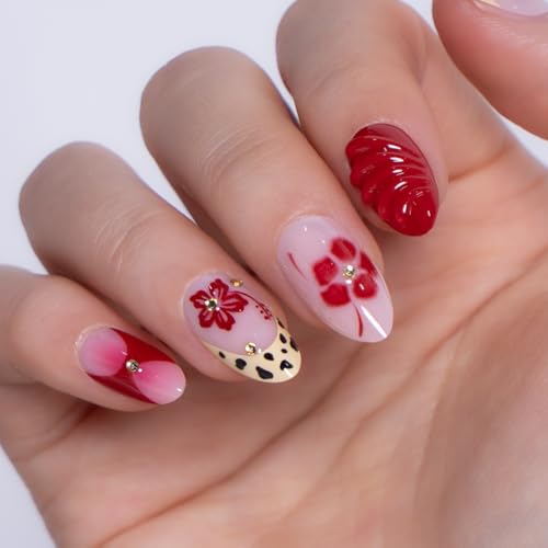 CurvLife Crimson Blossom Red Almond Press-On Nails - Soft Gel, Long-Lasting, Reusable
