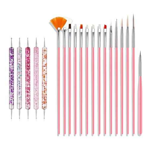Nail Art Brushes Set, 20pcs Nail Design Painting Brushes, Professional Nail Art Design Brushes, Nail Fine Liner Brushes, Pink