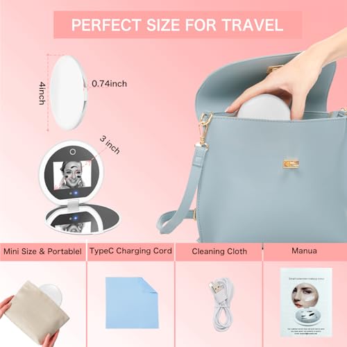 Mocado Compact LED Travel Makeup Mirror - 4 Inches 1X/10X Magnification Travel Mirror with Light Dimmable Smart UV Camera UV Mirror for Sunscreen Test Skin Sun Protection