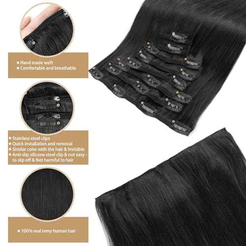 ABH AMAZINGBEAUTY HAIR Clip in Hair Extensions Real Human Hair Clip Extensions Real Human Hair Clip ins Black Silky and Soft Full Head Clip ins Human Hair Jet Black #1 Color 8 Pcs 14inch 120g