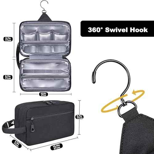 Toiletry Bag for Men, YKK Zippers Hanging Bathroom Shower Hygiene Bag with Metal XXL Swivel Hook, Big Comparment, Waterproof for Travel Accessories