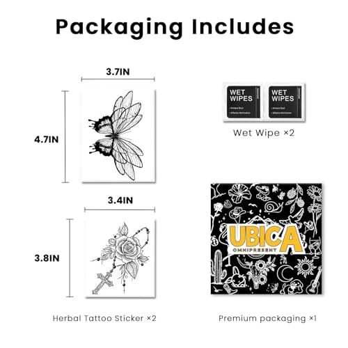 Semi Permanent Tattoo for Women, 2 Sheets Realistic Temporary Tattoos, Lasts 2 Weeks Fake Tattoos for Arm Wrist, Waterproof Non-Reflective (Ink Splatter Butterfly & Rose Rosary Cross Tattoo)