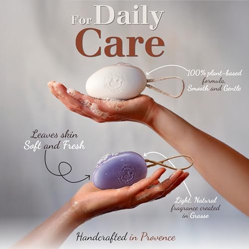 La Maison du Savon - Lavender French Soap on a Rope Duo - Moisturizing Hand & Body Soap Bars with Organic Shea Butter & Donkey Milk, Solid Soap Made in Provence - 2 x 6.2 Oz/175g